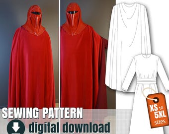 May include: Sewing pattern for a red hooded robe with a white tunic. The pattern includes instructions in English and French. The pattern is available in sizes XS to 5XL and is a digital download.