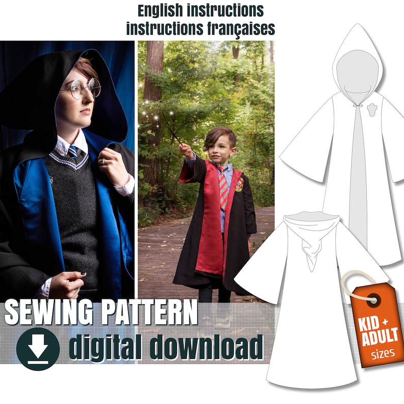 May include: A sewing pattern for a hooded robe, with images of the robe worn by a person and a child. The pattern includes kid and adult sizes. The text on the image says "English instructions instructions fran&ccedil;aises" and "SEWING PATTERN digital download".
