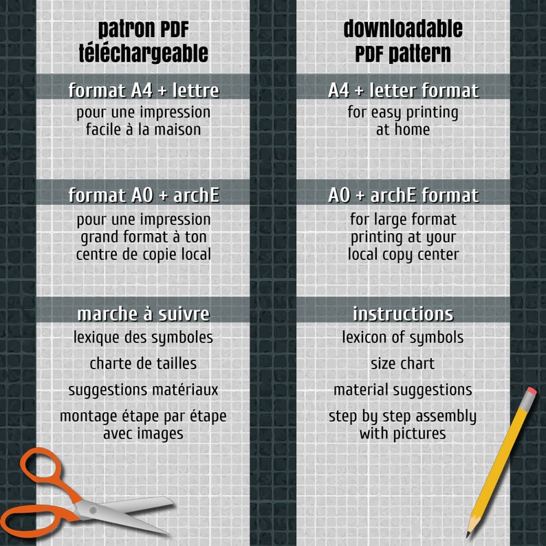 May include: A printable PDF pattern for a project. The pattern is available in A4 and AO sizes. The image shows a list of instructions, materials, and steps for assembling the project.