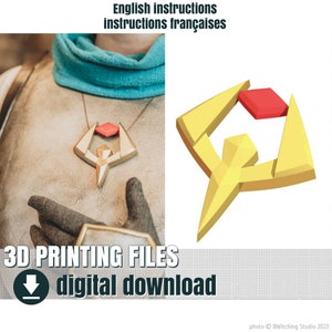 May include: 3D printable files for a gold and red pendant with a geometric design. The pendant is shaped like a stylized arrow with a red diamond in the center. The image includes the text "3D PRINTING FILES digital download".