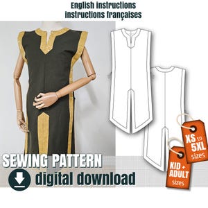 May include: A sewing pattern for a sleeveless tunic featuring a black main body with gold patterned trim along the neckline, shoulders, and front panel. The digital download includes English and French instructions, technical line drawings, and size tags ranging from XS to 5XL for both kids and adults.