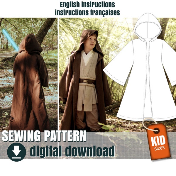 Sewing pattern for kid, Jedi style robe only, downloadable PDF file  FR + EN