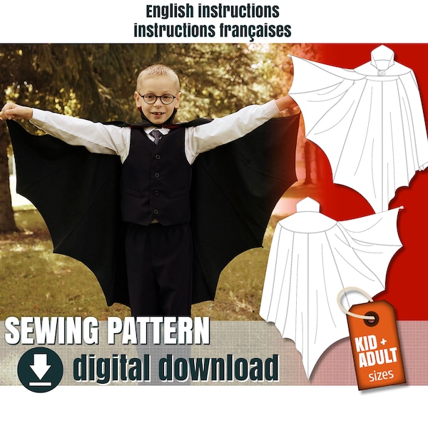 Sewing pattern, Vampire cape, kid and adult size, downloadable PDF  FR + EN