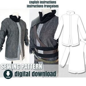 Puede incluir: Patrón de costura para una camisa de manga larga con cuello alto. El patrón incluye instrucciones en inglés y francés. La imagen muestra una camisa gris con cuello negro y una camisa blanca con cuello alto.