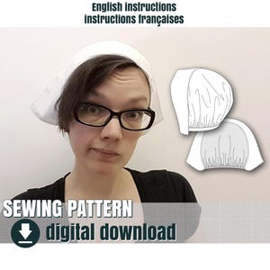 May include: A digital sewing pattern for a white bonnet, featuring text that reads English instructions, instructions françaises, SEWING PATTERN, and digital download, accompanied by a line drawing of the bonnet design.