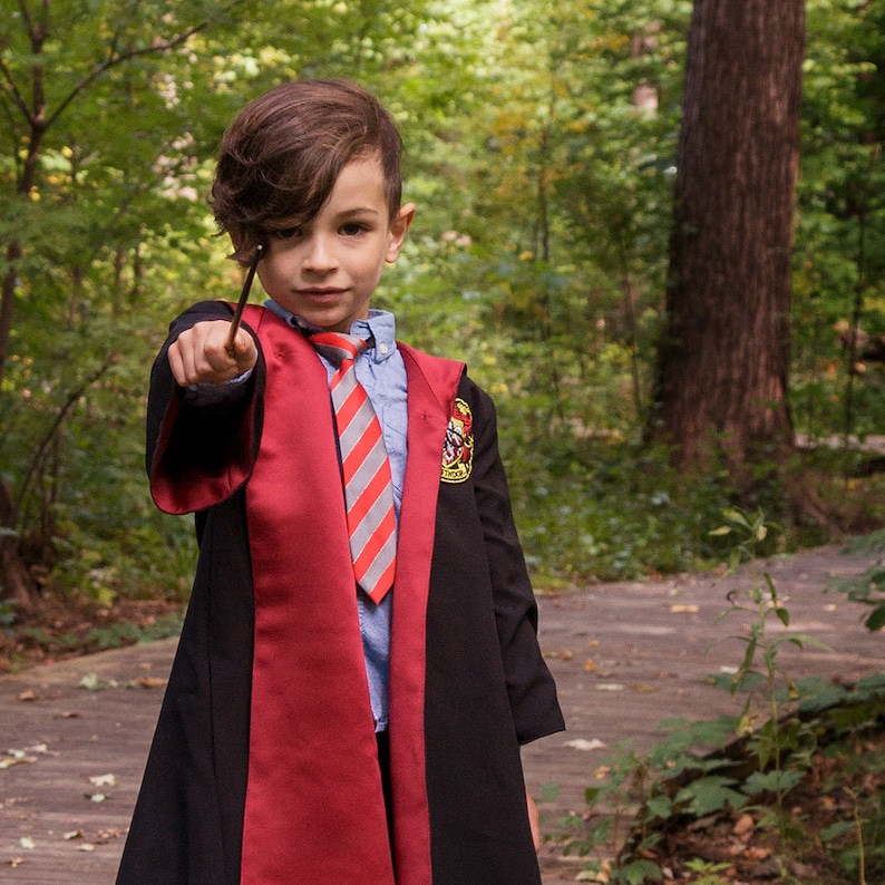 May include: A young person in a black robe with a red and black collar, a striped tie, and a wand. The robe has a crest on the chest. The person is standing on a wooden path in a forest.