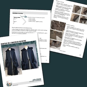May include: A sewing pattern for a dark blue hooded cloak with a detailed illustration of the finished garment. The pattern includes instructions for assembling the hood, sleeves, and the main body of the cloak. The text on the page reads "Manteau de l'Empereur Palpatine".