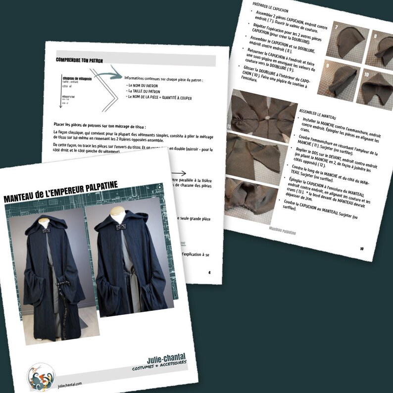 May include: A sewing pattern for a dark blue hooded cloak with a detailed illustration of the finished garment. The pattern includes instructions for assembling the hood, sleeves, and the main body of the cloak. The text on the page reads "Manteau de l'Empereur Palpatine".