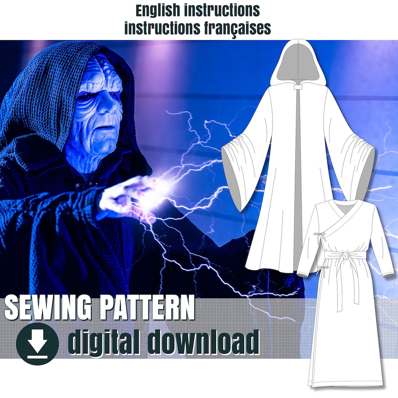 May include: Sewing pattern for a hooded robe with long sleeves and a tie belt. The pattern includes English and French instructions and is available as a digital download. The image shows a white robe with a hood and a white robe with long sleeves and a tie belt.