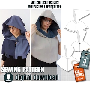 Sewing pattern, Medieval hooded cowl, 3 different models, downloadable PDF  FR + EN