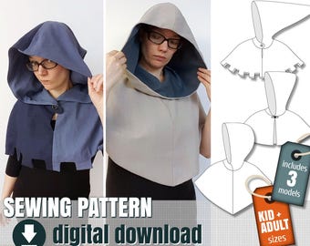 Sewing pattern, Medieval hooded cowl, 3 different models, downloadable PDF  FR + EN