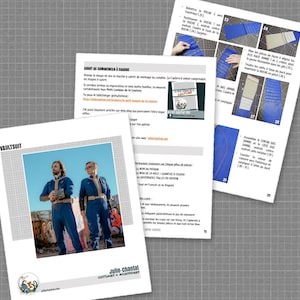 May include: A sewing pattern instruction manual titled VAULTSUIT by Julie-Chantal, featuring printed text in French, diagrams of blue fabric construction steps, and a photograph of two individuals wearing blue jumpsuits with tan utility belts.