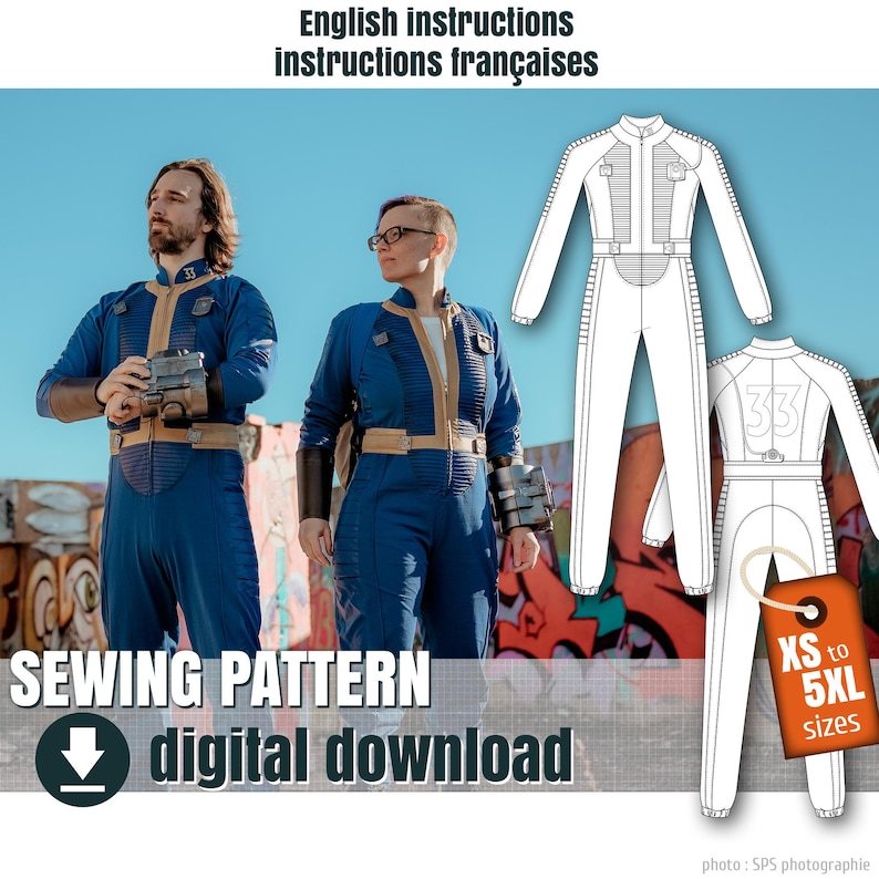 May include: A digital sewing pattern for a blue jumpsuit with tan accents, featuring the number 33 on the back. The pattern includes English and French instructions and is available in sizes XS to 5XL. The design includes a stand collar, ribbed chest panels, and a belt.