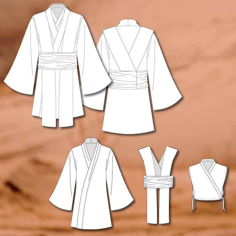 May include: A set of four white robes with a simple design. The robes have long sleeves and a wide collar. The robes are tied at the waist with a sash.