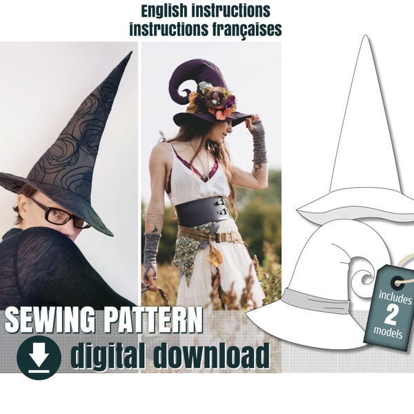 Patron de couture, Chapeau de sorcière, 2 modèles différents, fichier PDF téléchargeable  FR + EN