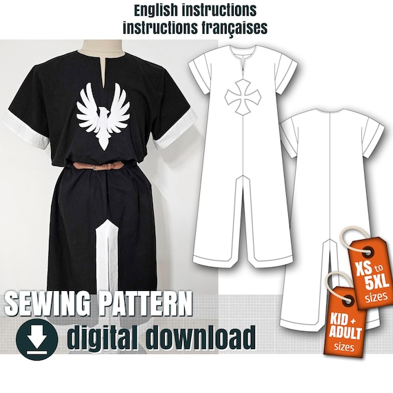Patron de couture, tabard de templier, fichier PDF téléchargeable  FR + EN