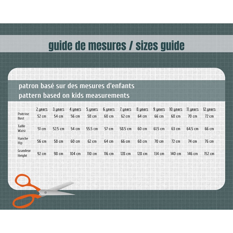 May include: A size guide for children's clothing, featuring measurements in centimeters for bust, waist, hip, and height. The guide includes sizes for children aged 2 to 12 years. The text "guide de mesures / sizes guide" is at the top.