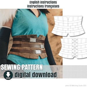 Pode incluir: Um cinto de couro castanho com detalhes retangulares prateados é usado sobre um top turquesa. A imagem inclui um diagrama de padrão de costura e o texto "SEWING PATTERN digital download". O texto superior diz "English instructions instructions françaises".
