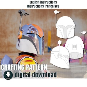 以下が含まれることがあります： デジタルダウンロードによるマンダロリアンヘルメットのクラフトパターン。画像には、完成したヘルメットを着用した人物と、3つの異なるヘルメットテンプレートが示されています。