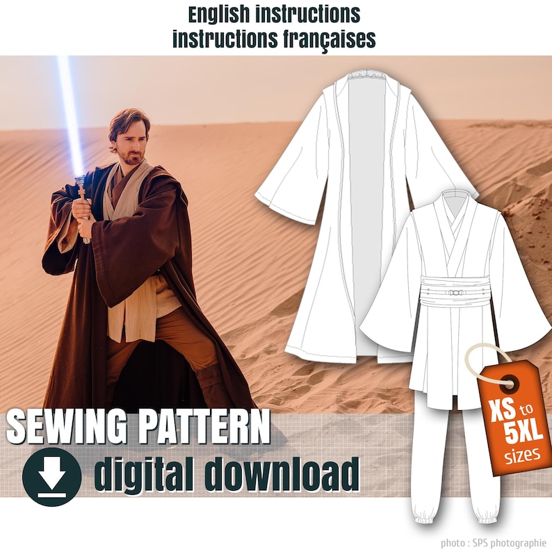 May include: Sewing pattern for a white robe with long sleeves and a belt. The pattern includes instructions in English and French. The pattern is available in sizes XS to 5XL.  "SEWING PATTERN digital download" text is at the bottom of the image.