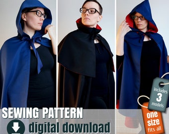 Sewing pattern, cape, 3 different models, downloadable PDF  FR + EN