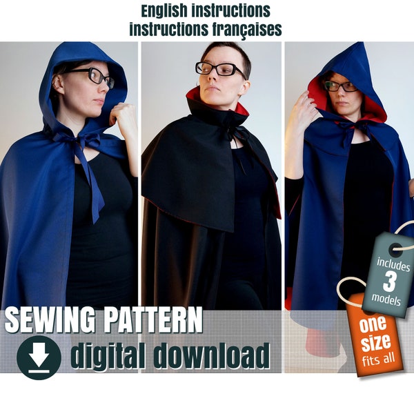 Sewing pattern, cape, 3 different models, downloadable PDF  FR + EN