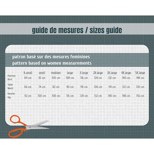 May include: A sizing chart titled guide de mesures / sizes guide with a pattern based on women measurements. The table lists bust, waist, and hip measurements in cm for sizes X small to 5X large. An orange pair of scissors is in the bottom left corner.