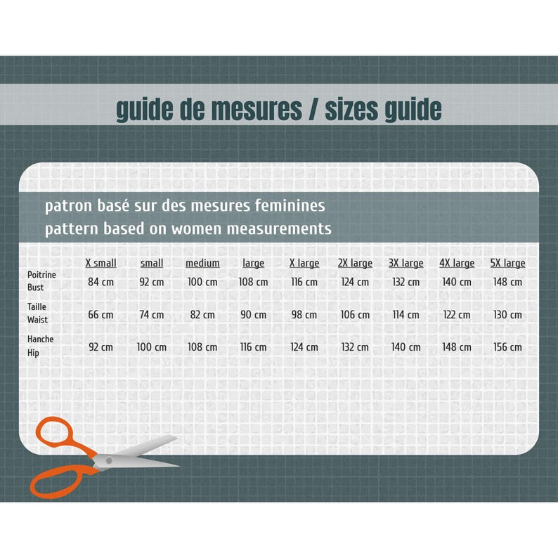 May include: A sizing chart titled guide de mesures / sizes guide with a pattern based on women measurements. The table lists bust, waist, and hip measurements in cm for sizes X small to 5X large. An orange pair of scissors is in the bottom left corner.