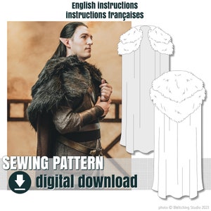 May include: Sewing pattern for a hooded cloak with a fur collar. The pattern is available as a digital download. The image shows a person wearing a similar cloak and a line drawing of the pattern.