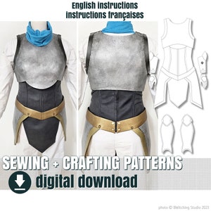 May include: Sewing and crafting patterns for a costume, including a vest, skirt, and gauntlets. The patterns are digital downloads and are available in English and French.
