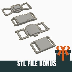 May include: Four different sizes of gray plastic side release buckles. The buckles are arranged in a diagonal line from top left to bottom right. The smallest buckle is at the top left and the largest buckle is at the bottom right. The buckles are all closed. The image includes the text "STL FILE BONUS" at the bottom of the image.