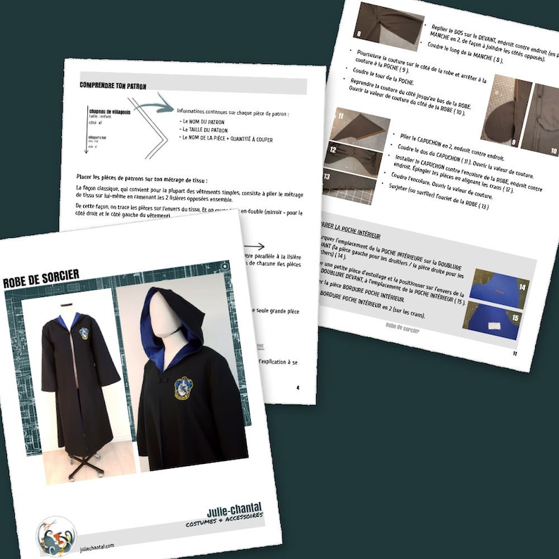 May include: A black robe with a blue and gold lined hood, featuring a crest on the chest. The image also shows sewing instructions and pattern pieces for the robe, with text in French. The robe is displayed on a mannequin.