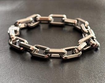 Pulsera de eslabones de acero inoxidable – Diseño geométrico moderno en plata, 9 mm
