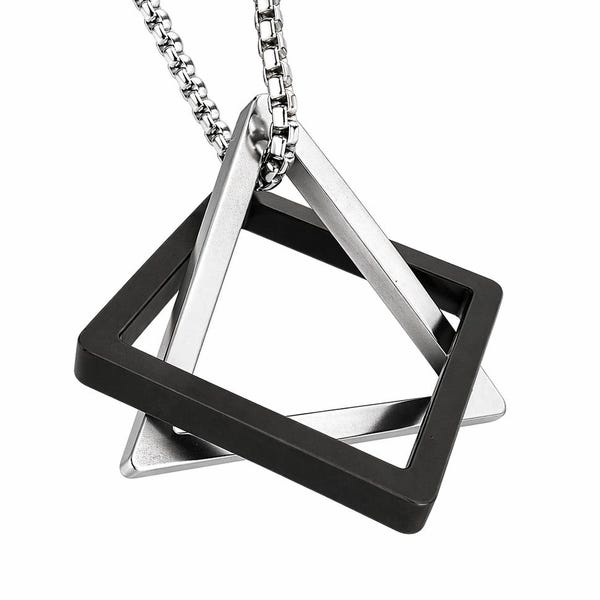 Mens Geometric Interlocking Triangle Square Pendant Necklace