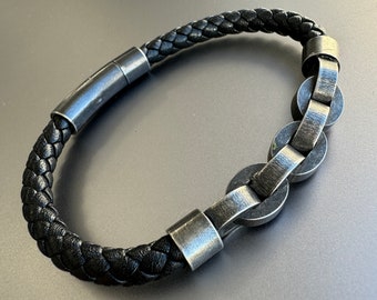 Leather and Chain Man's Bracelet, 6mm