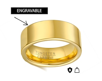 Anillo de carburo de tungsteno chapado en oro personalizado: borde plano, grabable por dentro y por fuera