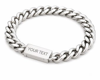 Personalized Engraving Silver Stainless Steel Chain Link Bracelet for Men | Magnetic Clasp