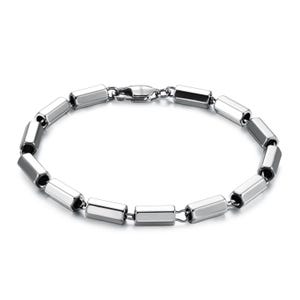 May include: A silver bracelet featuring a series of rectangular, hexagonal links. The links are connected by small, curved metal pieces. The bracelet has a clasp closure. The jewellery is displayed against a white background.