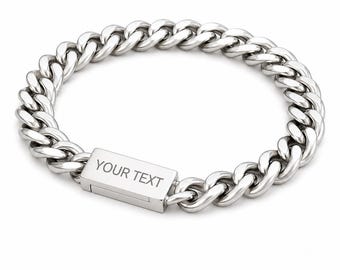Pulsera de eslabones de acero inoxidable plateado con grabado personalizado para hombre / Cierre magnético