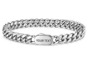 Pulsera personalizada de eslabones de acero inoxidable: cierre grabado, acabado oxidado.