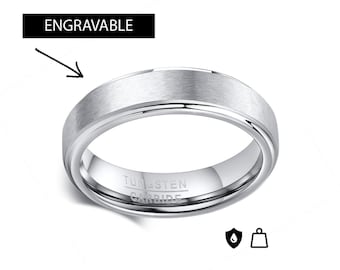 Anillo fino de carburo de tungsteno plateado, cepillado mate, grabable, 5 mm