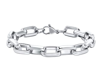 Pulsera de eslabones de acero inoxidable – Diseño geométrico moderno en plata, 9 mm