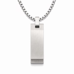 May include: A silver-colored rectangular pendant necklace with a brushed metal finish. The pendant hangs from a matching chain. The pendant is a simple, modern design.