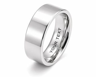Anillo de carburo de tungsteno plateado con grabado personalizado – Pulido, grabable por dentro y por fuera.