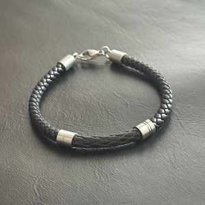 Mens Faux Leather Braided Bracelet with Hardware Detail - Black