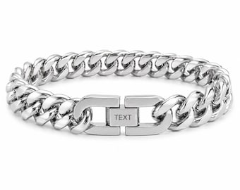 Pulsera personalizada de cadena de acero inoxidable plateado: cierre con inicial grabada