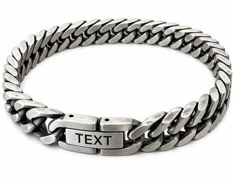 Pulsera de eslabones de acero inoxidable personalizada: hebilla grabada, acabado oxidado