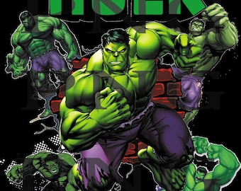 May include: Graphic of the Incredible Hulk in various poses, with the title in green block letters at the top. The Hulk is depicted in green skin and purple pants, against a black background.