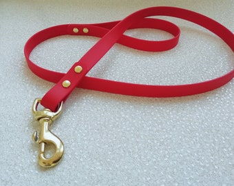 May include: A red dog leash with a gold metal clasp. The leash has three gold metal rivets.
