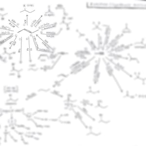 Puede incluir: Un diagrama escrito a mano que muestra una reacción química con varios reactivos y productos. El diagrama está centrado alrededor de una molécula con la etiqueta "X (COR)".